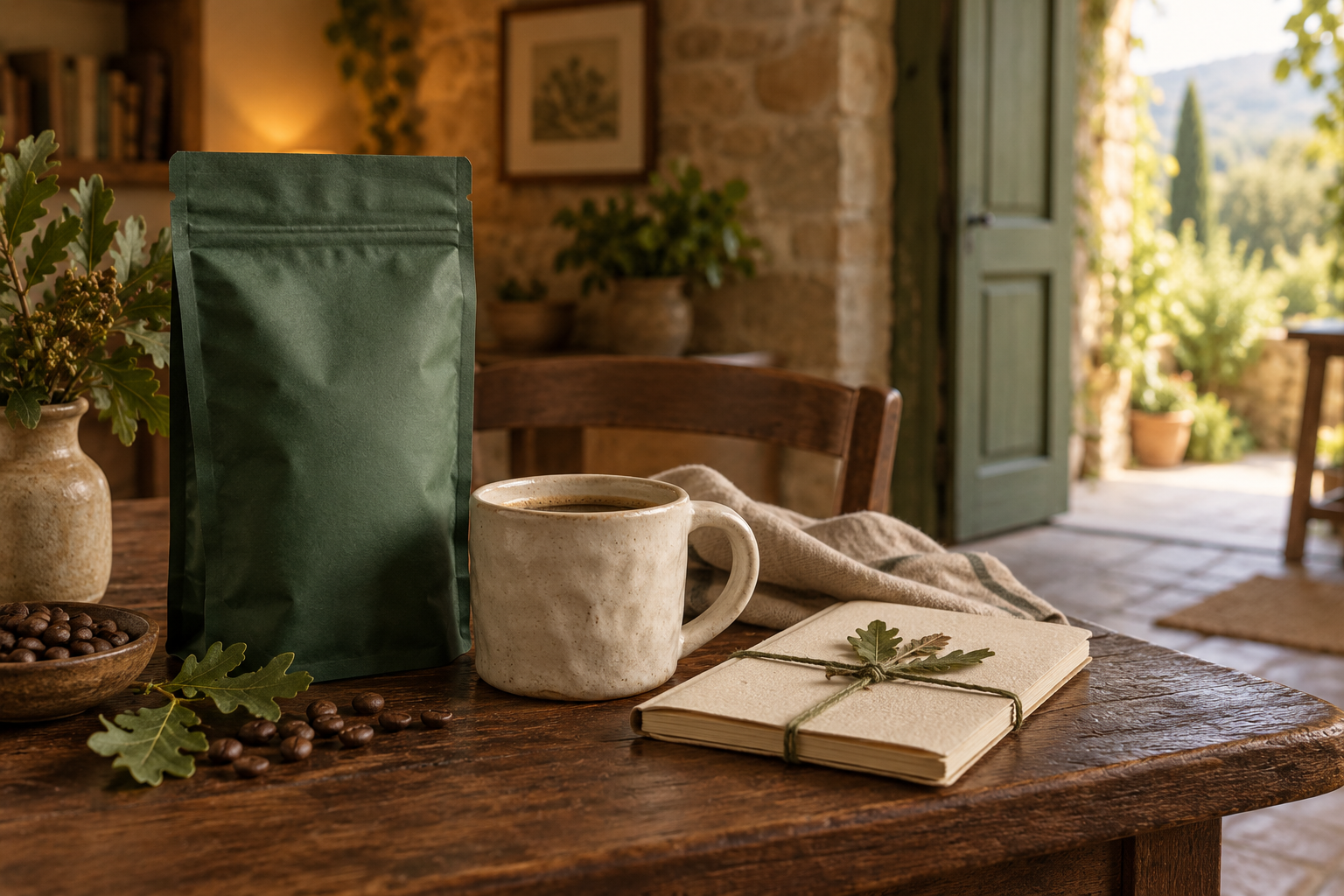 Café de especialidad, taza artesanal y cuaderno de campo sobre una mesa de madera en la casa de Patas Verdes